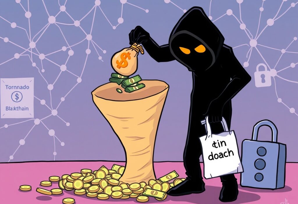 A cartoon illustration depicting a shadowy CrediX hacker moving stolen crypto funds into a swirling Tornado Cash vortex, symbolizing a privacy concern.