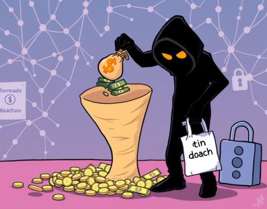 A cartoon illustration depicting a shadowy CrediX hacker moving stolen crypto funds into a swirling Tornado Cash vortex, symbolizing a privacy concern.