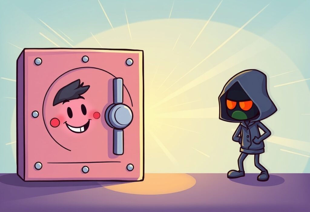 A cartoon illustration showing a successful CrediX funds recovery, with digital assets being secured, highlighting blockchain security.