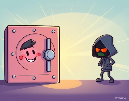 A cartoon illustration showing a successful CrediX funds recovery, with digital assets being secured, highlighting blockchain security.