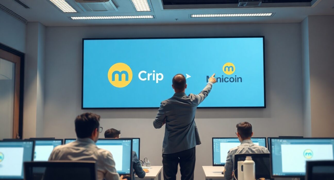 Corporate office with digital screen showing Cripco to Minicoin transition graphic
