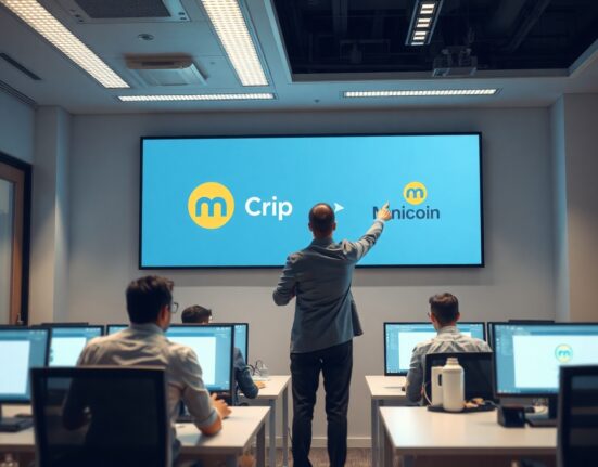 Corporate office with digital screen showing Cripco to Minicoin transition graphic