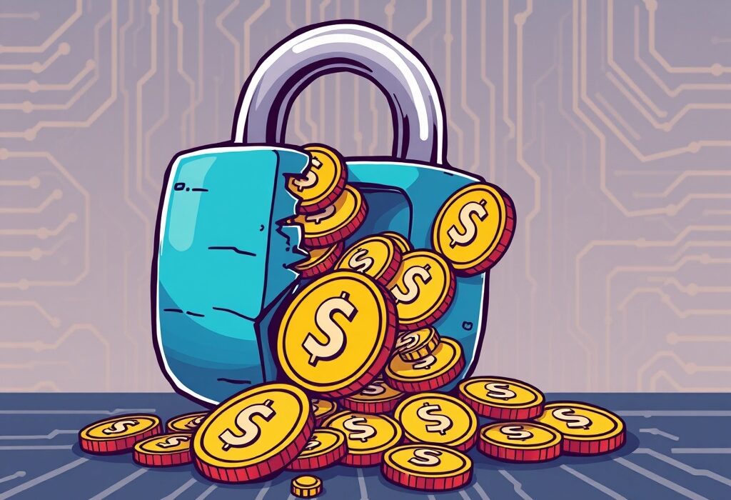 A cartoon illustration showing the aftermath of a critical SwissBorg hack, with digital currency spilling from a broken lock, symbolizing the security breach.