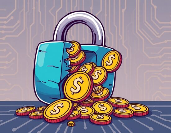 A cartoon illustration showing the aftermath of a critical SwissBorg hack, with digital currency spilling from a broken lock, symbolizing the security breach.