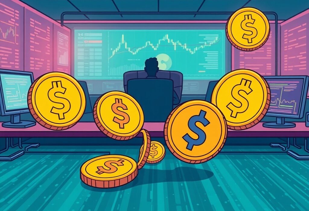 A cartoon illustration showing a sophisticated trading desk with a spotlight on a shadowy figure, symbolizing the suspected CRO market maker.