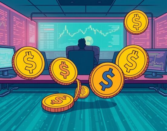 A cartoon illustration showing a sophisticated trading desk with a spotlight on a shadowy figure, symbolizing the suspected CRO market maker.