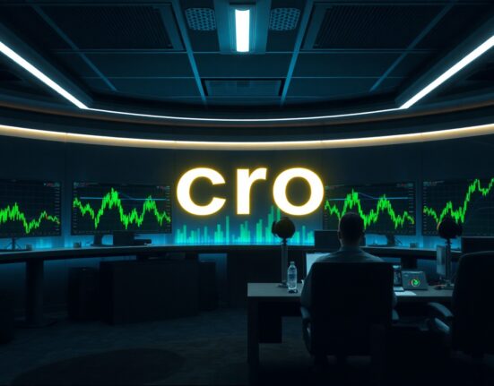 Cronos (CRO) price chart and market analysis on a modern trading desk display