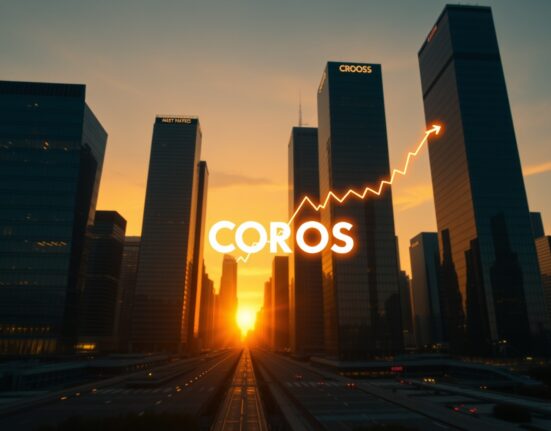Cronos (CRO) price prediction chart overlaying a modern city skyline at sunset.