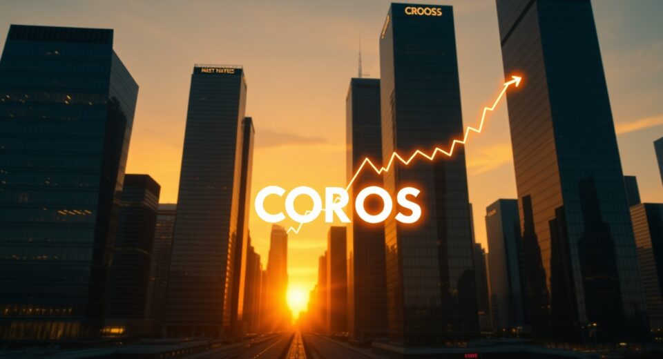 Cronos (CRO) price prediction chart overlaying a modern city skyline at sunset.
