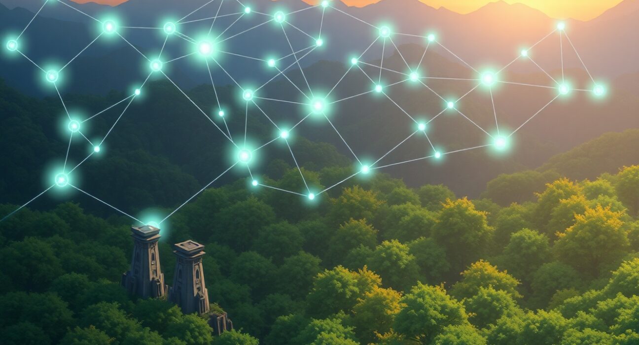 Cronos CRO blockchain network visualized as a glowing, magical ecosystem in a serene landscape.