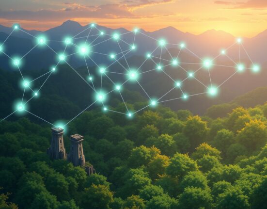 Cronos CRO blockchain network visualized as a glowing, magical ecosystem in a serene landscape.