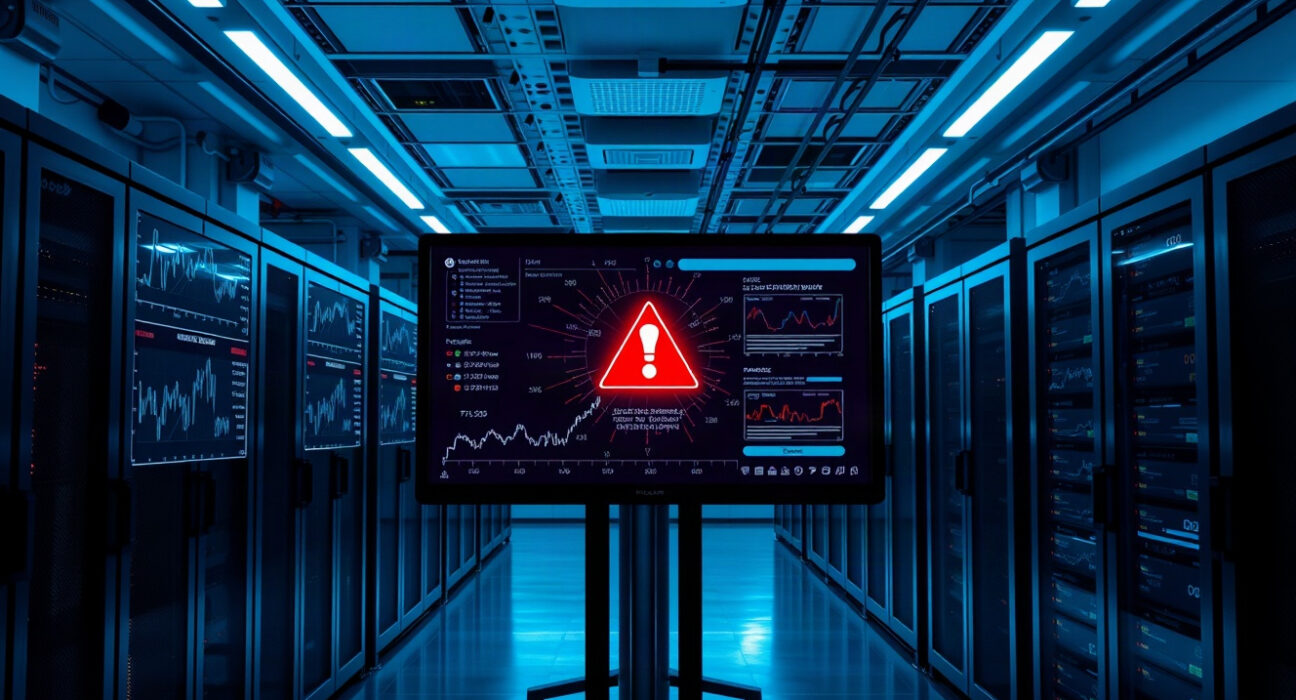 Cronos network halt after Tectonic exploit, showing a server room with a red alert on a monitor
