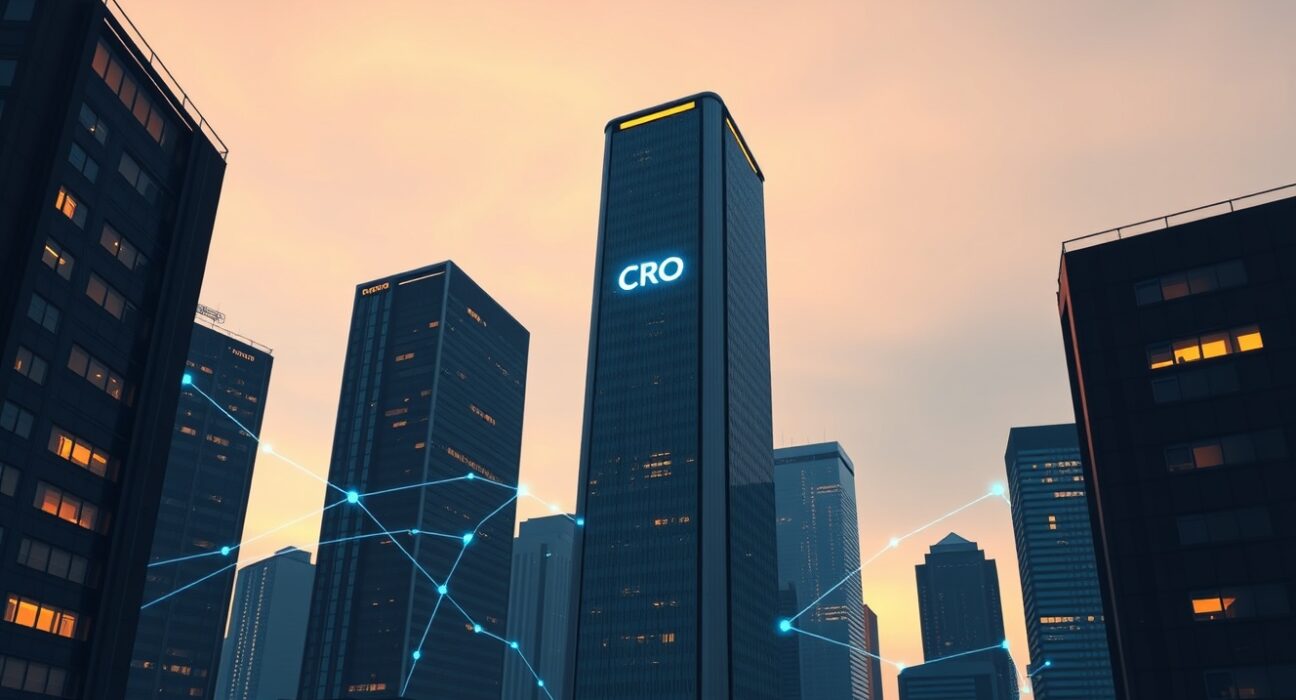 Cronos price prediction illustration showing a futuristic city with blockchain network lines, representing CRO breakout potential and network growth.
