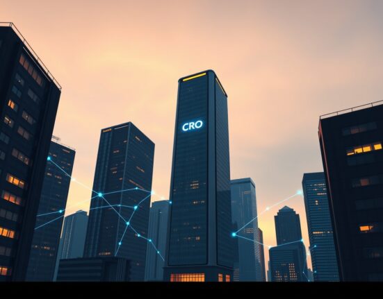 Cronos price prediction illustration showing a futuristic city with blockchain network lines, representing CRO breakout potential and network growth.