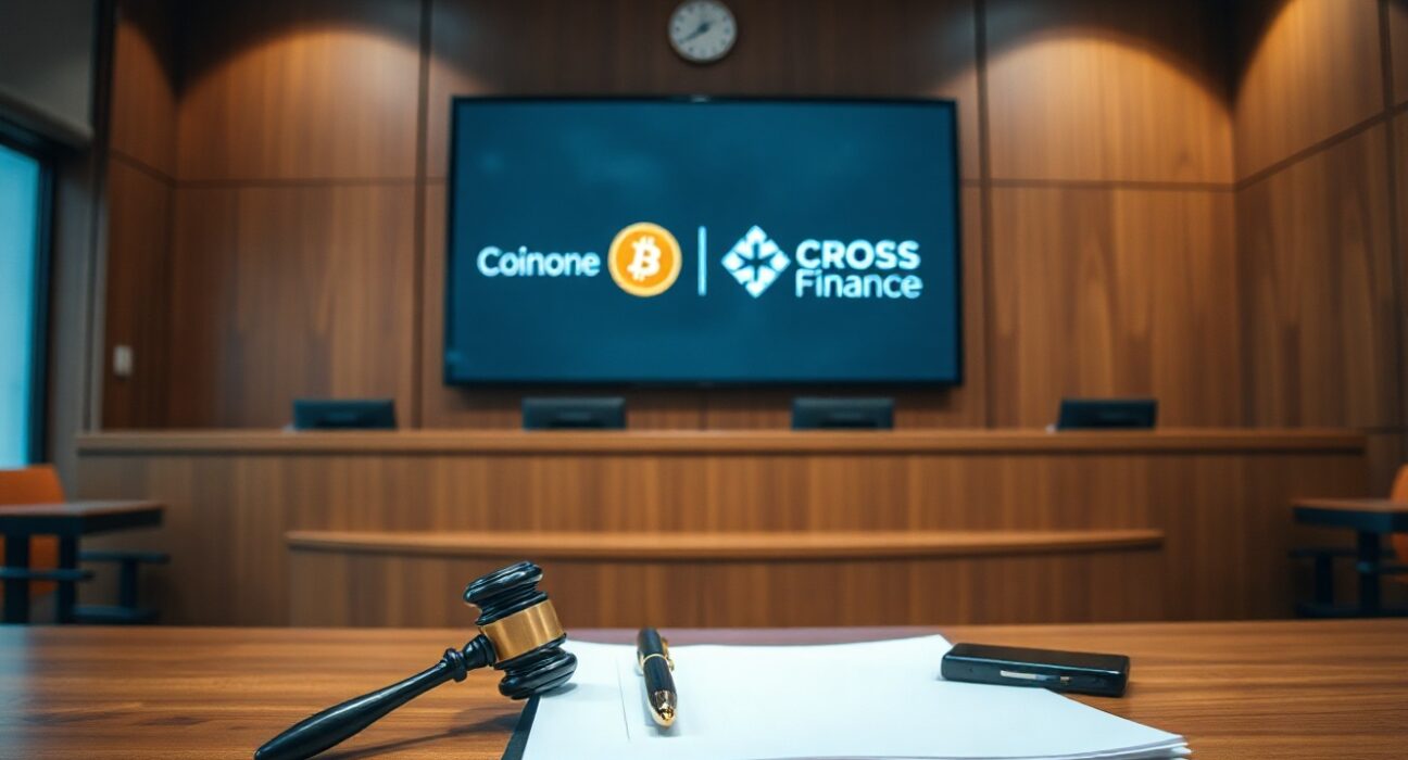 Courtroom scene with legal documents and gavel, representing the legal ruling between Cross Finance and Coinone.