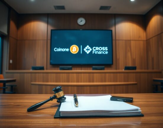 Courtroom scene with legal documents and gavel, representing the legal ruling between Cross Finance and Coinone.
