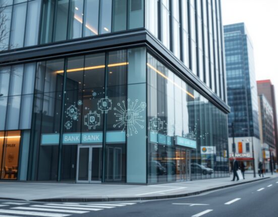 Cross River Bank building with integrated AI and cryptocurrency technology elements symbolizing digital transformation.