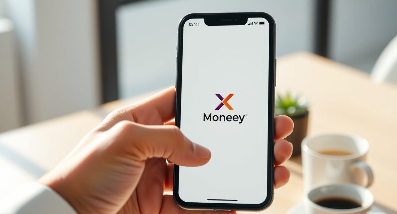 Smartphone displaying a payment app interface with X Money branding on a desk