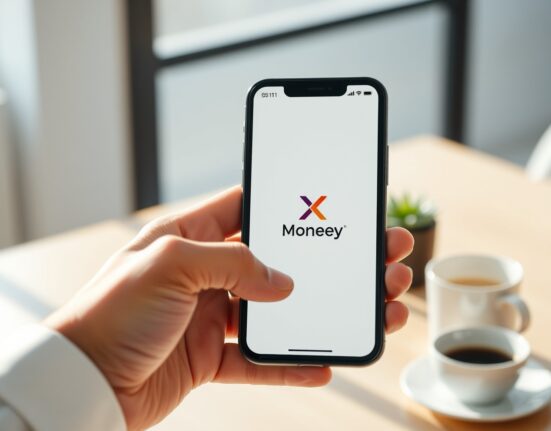 Smartphone displaying a payment app interface with X Money branding on a desk