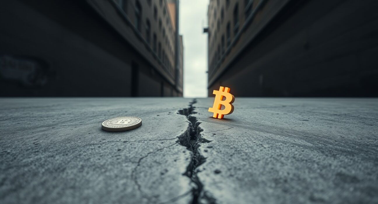 Bitcoin symbol emerging from a crack in a concrete wall next to a US dollar coin, representing market support and unwinding risk.