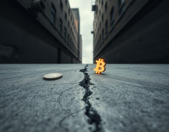 Bitcoin symbol emerging from a crack in a concrete wall next to a US dollar coin, representing market support and unwinding risk.