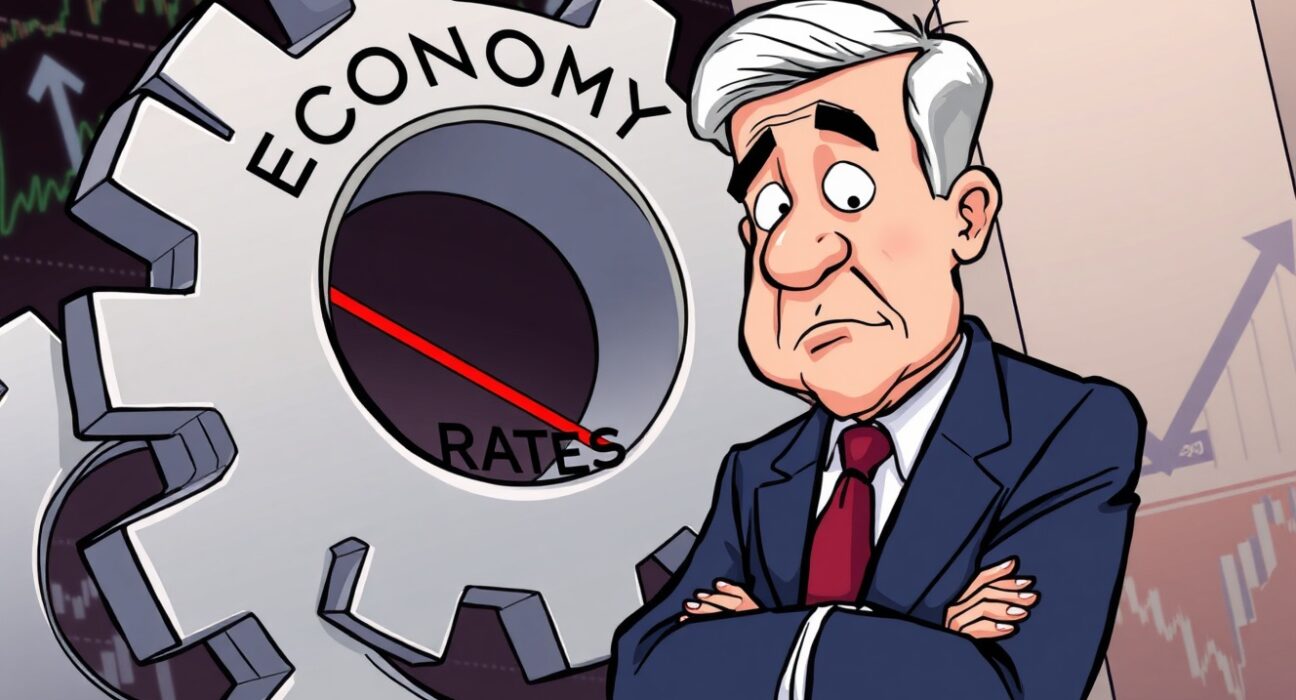 A cartoon illustration of Jerome Powell adjusting a gear labeled 'Interest Rates' as a strategic Fed rate cut for economic stability.