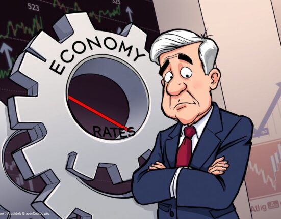A cartoon illustration of Jerome Powell adjusting a gear labeled 'Interest Rates' as a strategic Fed rate cut for economic stability.