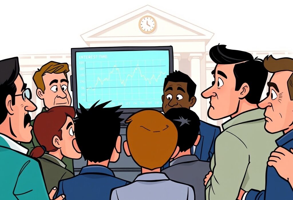 A cartoon illustration showing traders reacting to the decline in expectations for multiple Fed rate cuts, impacting market sentiment.