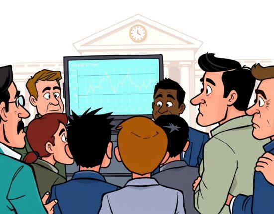 A cartoon illustration showing traders reacting to the decline in expectations for multiple Fed rate cuts, impacting market sentiment.