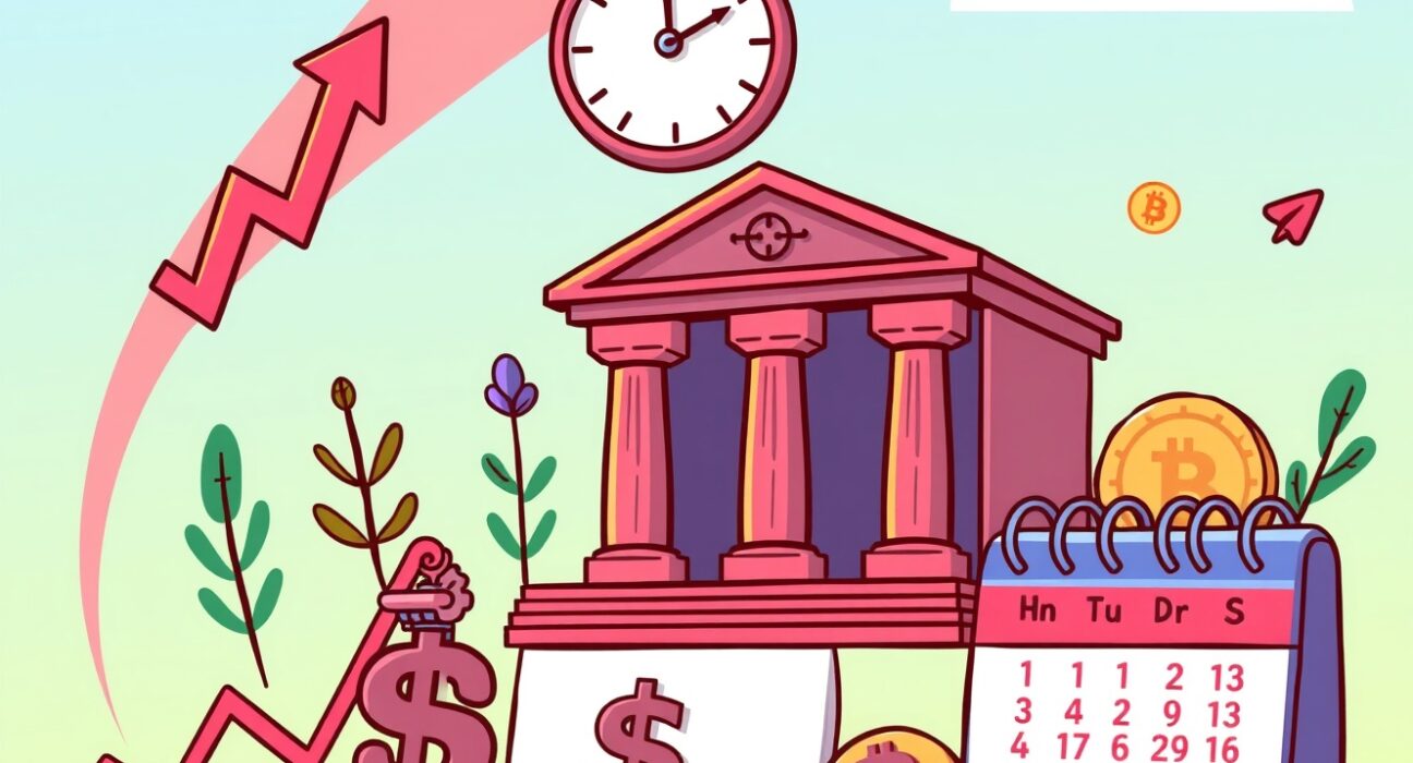 A cartoon illustration highlighting crucial financial market events impacting global and crypto markets this week.