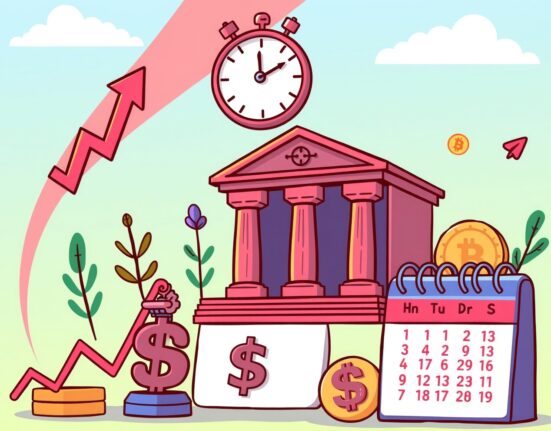 A cartoon illustration highlighting crucial financial market events impacting global and crypto markets this week.