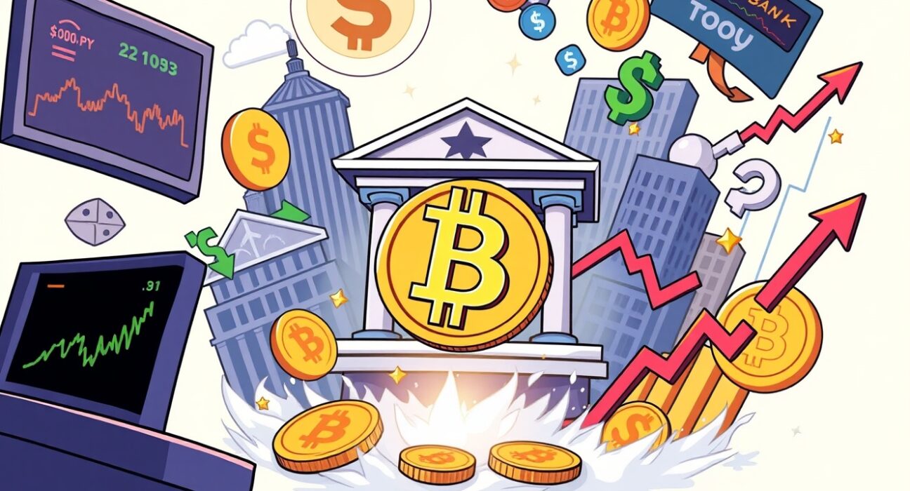 A vibrant cartoon showing global macroeconomic events influencing a central cryptocurrency coin, highlighting crucial global macroeconomic events.