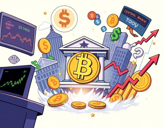 A vibrant cartoon showing global macroeconomic events influencing a central cryptocurrency coin, highlighting crucial global macroeconomic events.