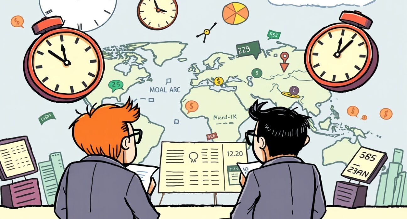 A cartoon illustration visualizing the critical global macroeconomic calendar, guiding investors through upcoming market-moving events.