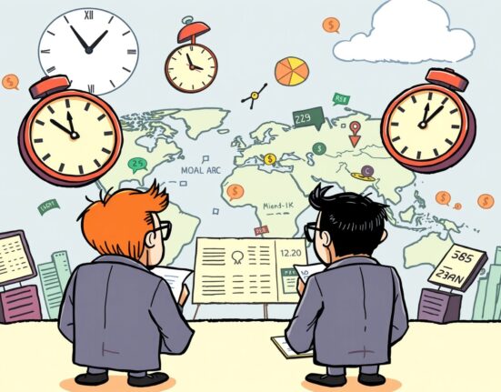 A cartoon illustration visualizing the critical global macroeconomic calendar, guiding investors through upcoming market-moving events.