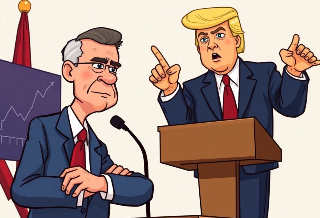 A cartoon illustration showing Donald Trump discussing crucial interest rates with Jerome Powell, highlighting their differing views on economic policy.