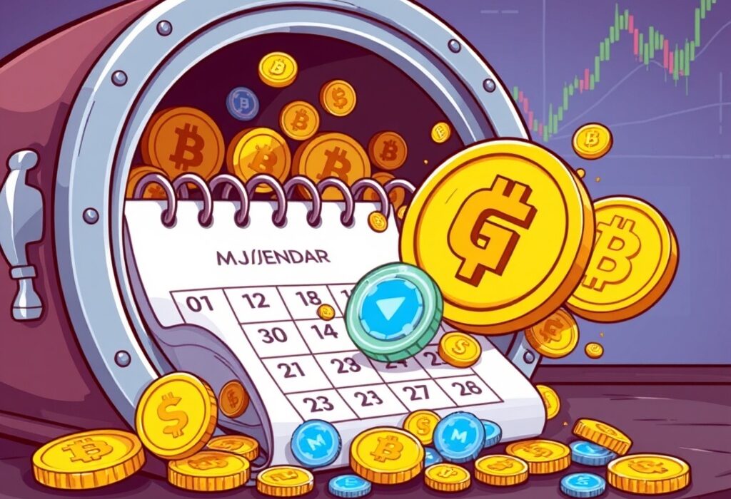 A cartoon illustration showing the significant impact of the weekly token unlock schedule, with a large GT token prominent.
