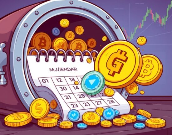 A cartoon illustration showing the significant impact of the weekly token unlock schedule, with a large GT token prominent.