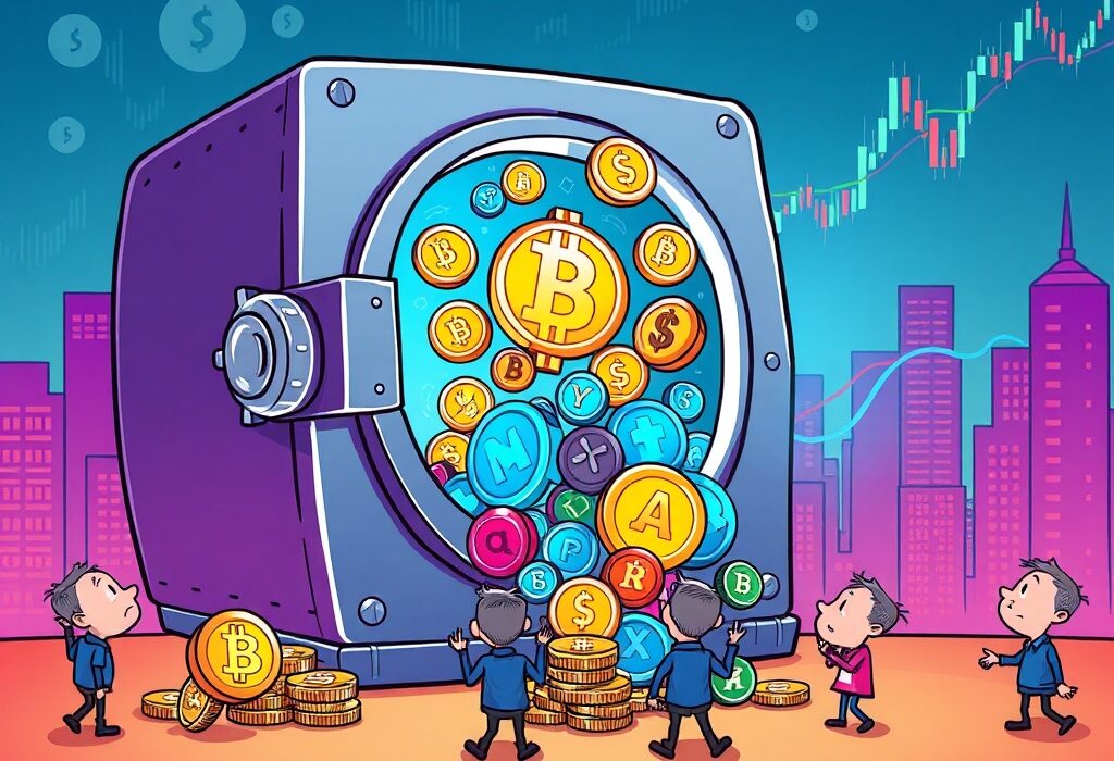 Illustration of crypto tokens being released from a vault, symbolizing crucial token unlocks and their potential market impact.