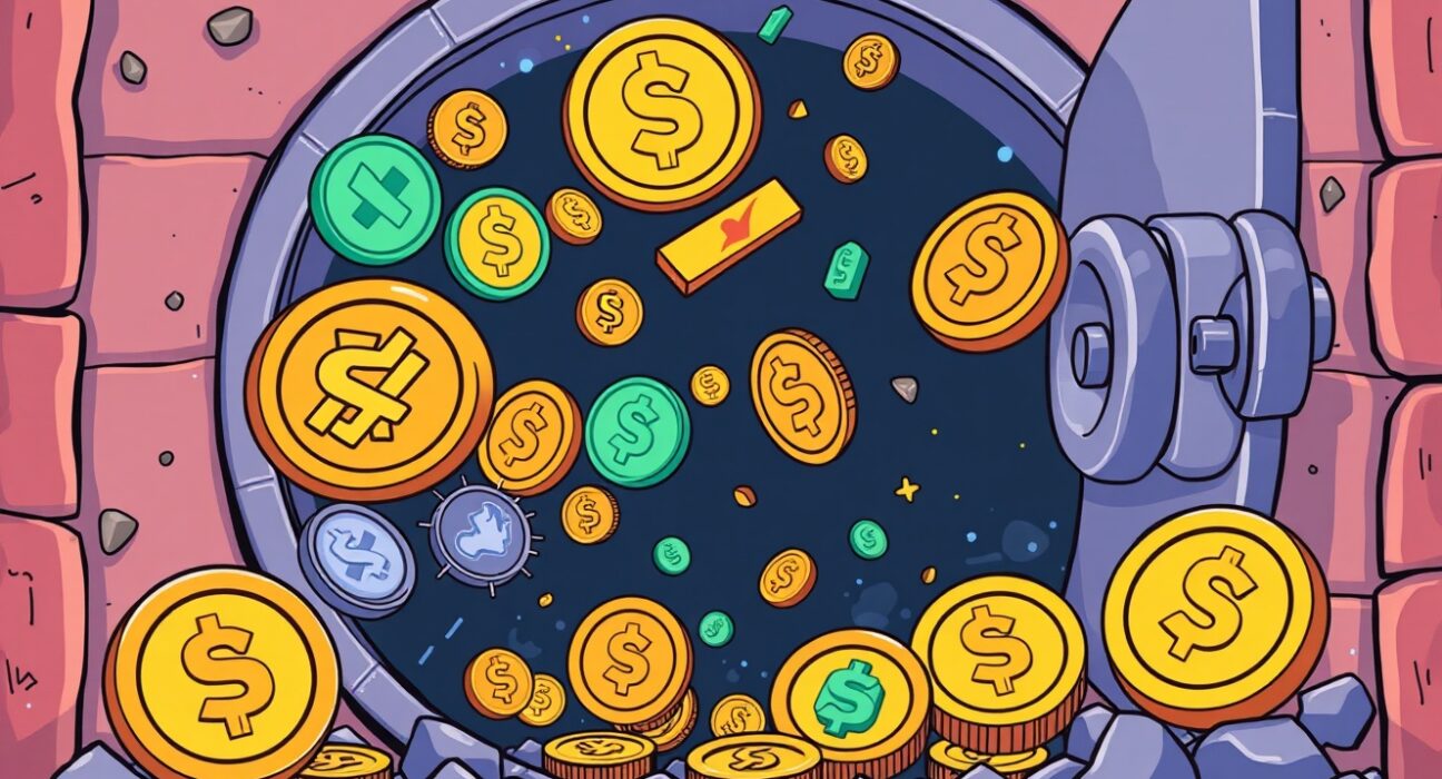 A cartoon depiction of digital assets being released from a lock, illustrating the upcoming crucial token unlocks and their potential market impact.