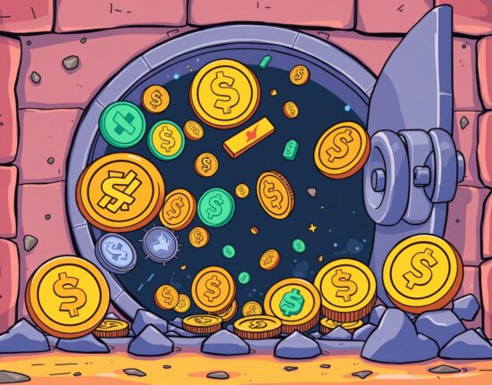 Illustration of crypto tokens being released from a vault, symbolizing crucial token unlocks and their potential market impact.