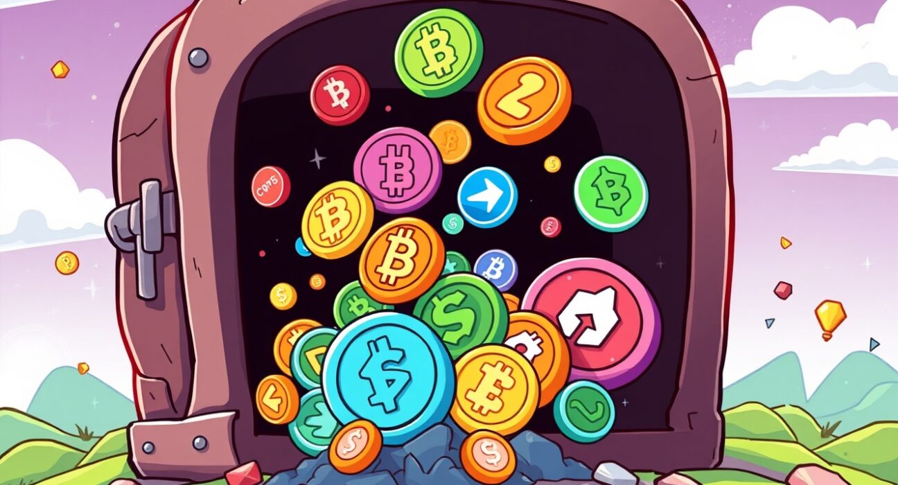 A cartoon illustration showing cryptocurrency tokens being released from a digital vault, symbolizing upcoming token unlocks and their market impact.