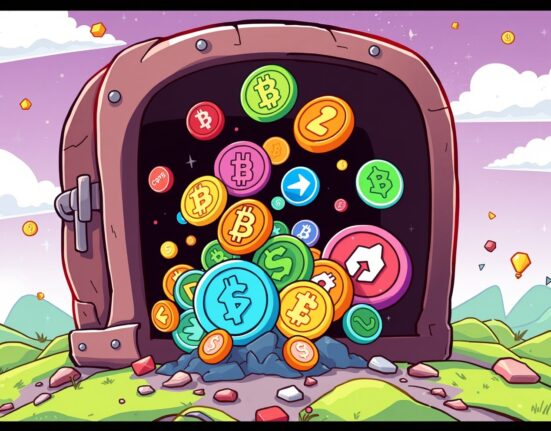 A cartoon illustration showing cryptocurrency tokens being released from a digital vault, symbolizing upcoming token unlocks and their market impact.