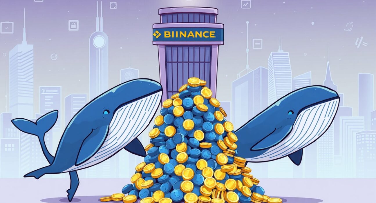 A cartoon illustration of large whale addresses making a significant WLFI deposit to Binance, symbolizing strategic market moves.