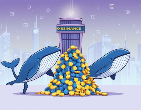 A cartoon illustration of large whale addresses making a significant WLFI deposit to Binance, symbolizing strategic market moves.