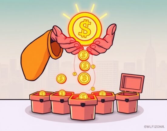 A cartoon illustration showing a significant WLFI token distribution from a top holder to many new addresses on a blockchain network.