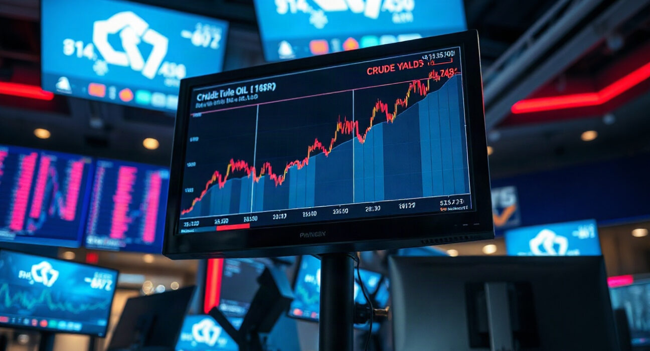 Market monitor showing rising crude oil and bond yield charts