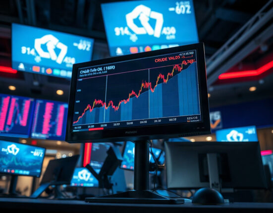 Market monitor showing rising crude oil and bond yield charts