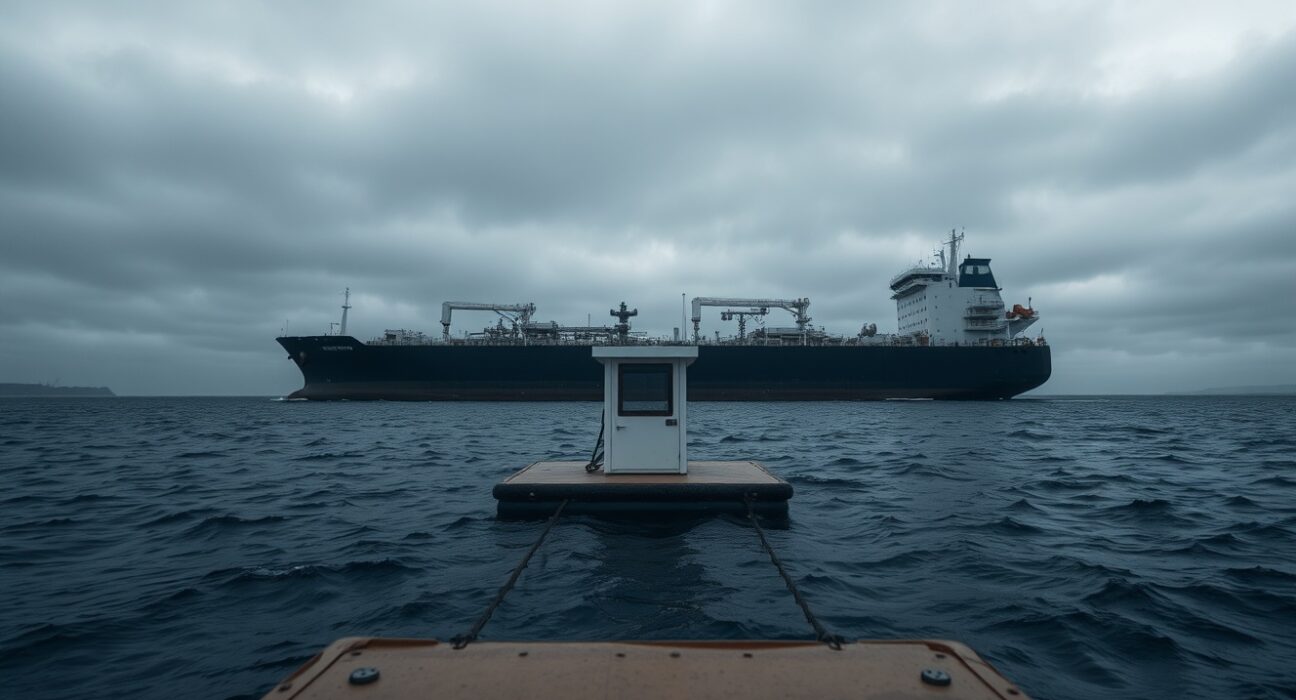 A large oil tanker anchored near a floating toll booth in a narrow strait under a cloudy sky.