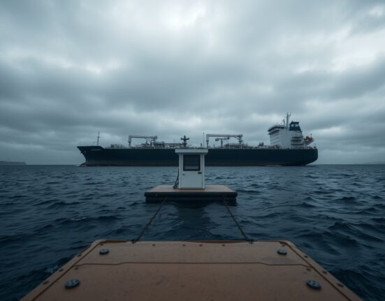 A large oil tanker anchored near a floating toll booth in a narrow strait under a cloudy sky.